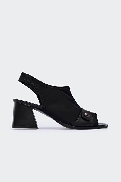 Soho Black Satin Stretch Women's Black Leather High Heel Sandals