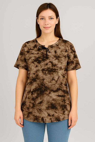 Vinola Women's Plus Size Baby Collar Lace Detail Tie-Dye Pattern Blouse