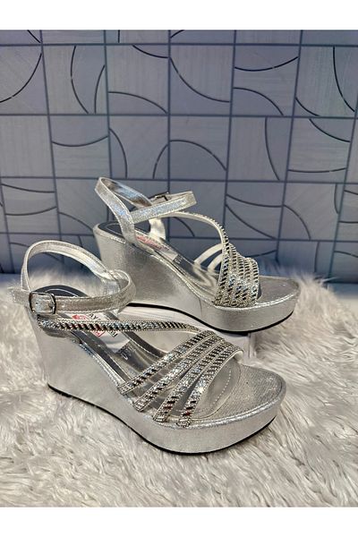 Anıl Ayakkabı Lg 402 Silver Gray Plastering Pattern Four Band Stone Single Band Detail Wedge Heel Casual Evening Dress Stylish Shoes