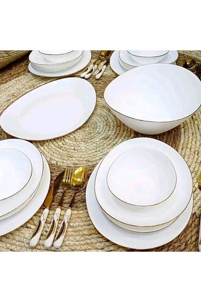 Houzi 24 Pcs Dinner Set Gold line Opal Glassware Microwave Dishwasher Safe