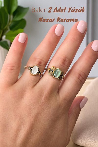 NBS Beautiful Naturel Stones Pure Copper 2 Pieces Adjustable Ring Combination Cat Eye Gorgeous Colors Quality Elegant Gift