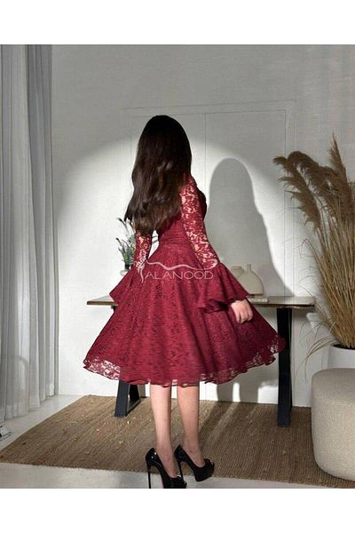 ALANOOD FASHION Short burgundy lace dress for Eid, elegant design
