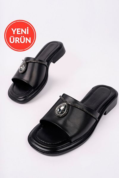 MARSHETTA Zaffira Model Silver Chain and Sapphire Stone Detailed Daily Black Women's Slippers