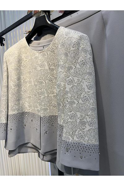 MİSS DİAMOND Stone Embroidered Elegant Gray Short Skirt Three-Piece Suit