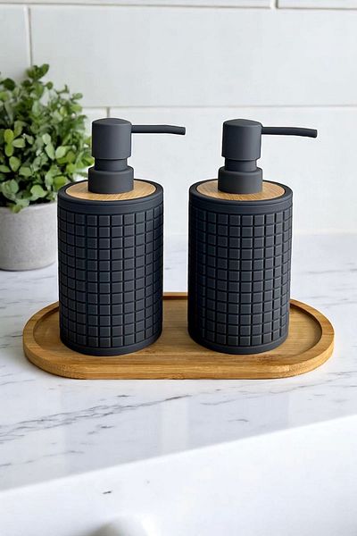 Tilbe Home Set of 2 Retro Style Liquid Soap Dispenser Set 500ml Kitchen Bathroom Square Figured Hands Dishes Set with Bamboo Stand