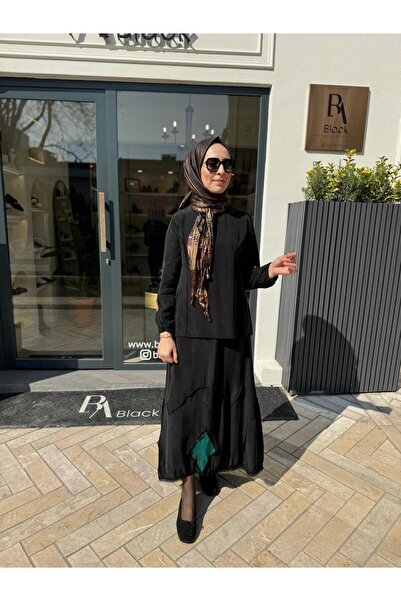 MissWhence Women's Skirt Suit with Partial Shawl Accessories Black