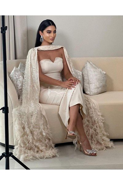 ALANOOD FASHION فستان سهرة بشال من الريش ثلاث اللوان بتصميم فاخر