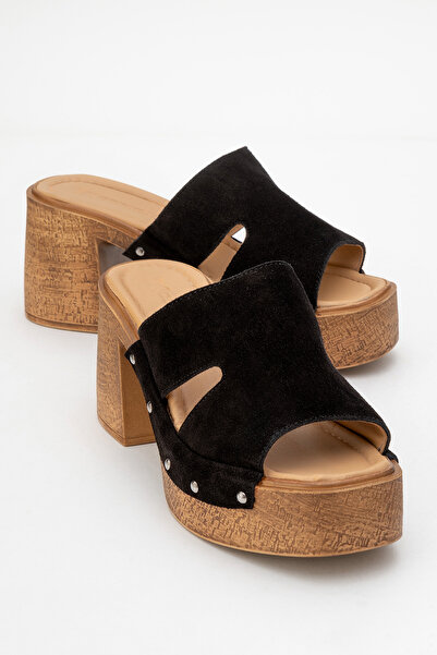 Dericlub Dericlub Women's Platform Heel Clogs Slippers Real Leather Zy 8245 Black