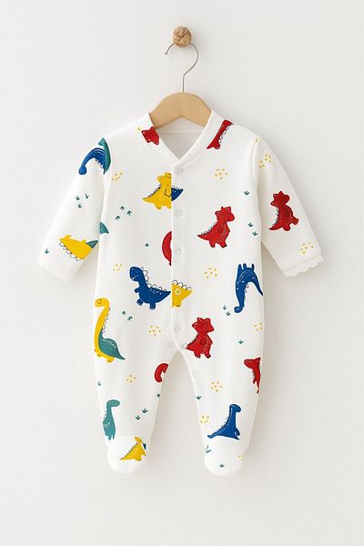 Minytrendy Newborn Baby Boy Jumpsuit Dinosaur Patterned Jumpsuit with Snap-On Booties Hospital Release Baby Gift