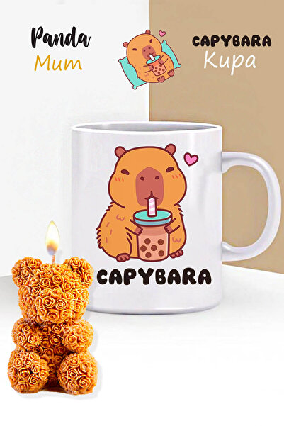 RETROGO Kapibara Capybara Kupa & Teddy Bear Gül Ayıcık Mum Hediye Seti