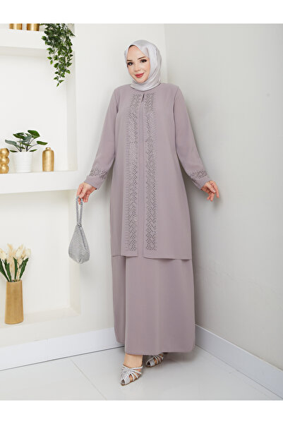 KMKkombin ANNE MODEL TAM BOY RAHAT KALIP ŞERİT DESENLİ TAŞLI KADIN ELBİSE 2024