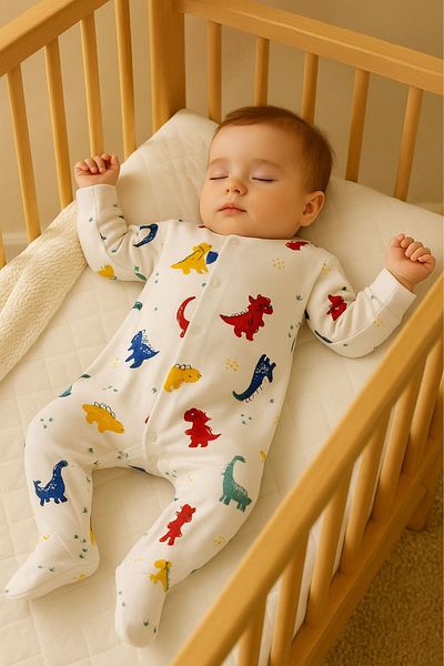 Minytrendy Newborn Baby Boy Jumpsuit Dinosaur Patterned Jumpsuit with Snap-On Booties Hospital Release Baby Gift