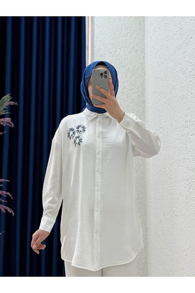 Mihra Sanique Πουκάμισο με Κέντημα Λουλούδι στο Στήθος-EU2652 Λευκό