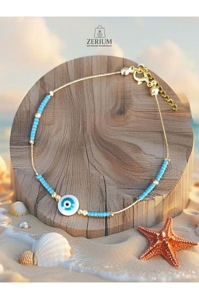 ZERİUM Miyoki Beaded Evil Eye Anklet – 22 cm Elegant Blue
