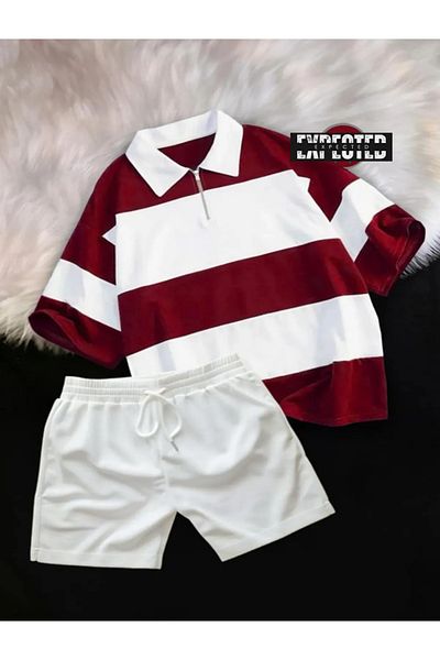 EXPECTED Unisex Piece Polo Neck Half Zipper T-Shirt Shorts Set-Oversize 2-Piece Shorts - T-Shirt Set