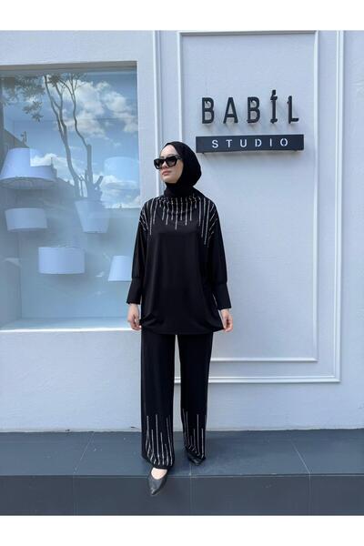 Babil Butik Taş İşlemeli Bambu Kadın Takım Siyah