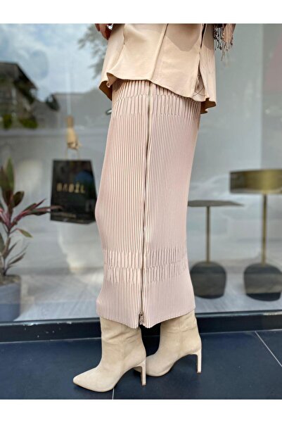 MissWhence Γυναικεία πλισέ φούστα με λεπτομέρεια με φερμουάρ σε χρώμα πέτρας