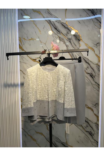 MİSS DİAMOND Stone Embroidered Elegant Gray Short Skirt Three-Piece Suit