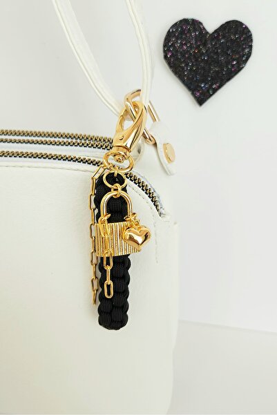 WONDER TOUCH Altın Kaplama Kalpli Kilit Charm Anahtarlık,Kadın Çanta Aksesuarı Siyah Paracord ip Örgü zincir