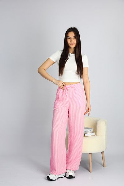 Bonne Maison Pink Adjustable Waist Striped Pockets Wide Leg Linen Women's Trousers S