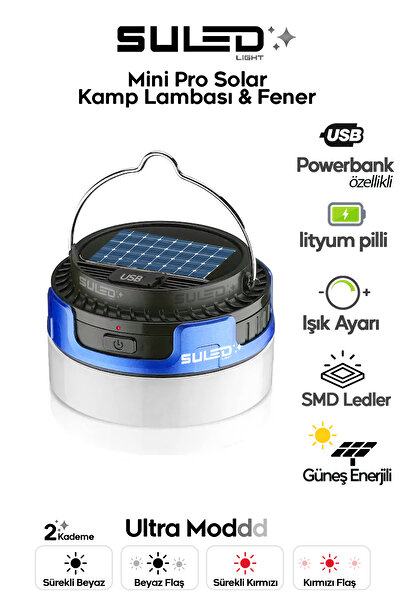 SULED Mini Pro Kamp Lambası ve Fener USB Power Bank Özellikli Solar Panel 4 Mod Flaşlı