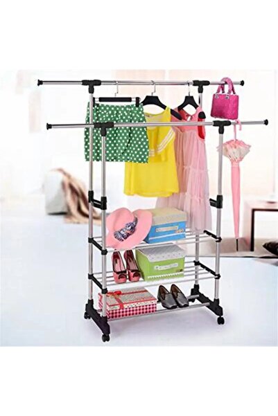 Un Portable and adjustable clothes rack with multiple storage shelves - the perfect solution for organizing clothes at home
