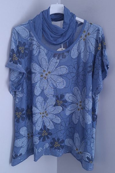 AYASOFYA OTANTIK Bluză largi cu paiete pentru femei, albastru indigo italian, cu eșarfă, cu model de crizantemă, mâneci și tiv