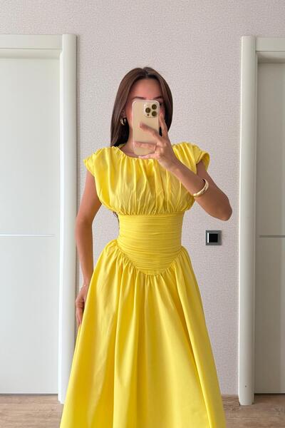 FMN Butik pinterest muadil geniş çan etek bele oturan midi tasarım şık yazlık kısa kollu uzun drapeli elbise