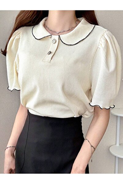 banessa Γυναικείο μπλουζάκι με λεπτομέρεια από πλεκτό με στρογγυλός γιακάς κο...