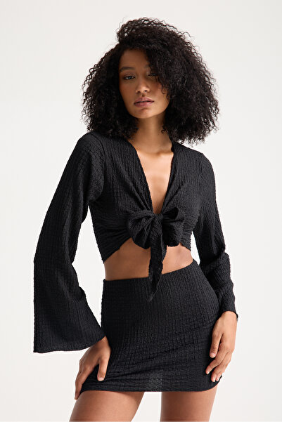 Moda Days Black Tie-Up Textured Blouse Skirt Beach Suit Pareo