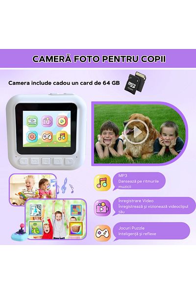FAMIFY Instant Camera for Kids, 1080p HD, 48MP Photo Resolution, 64GB SD Card, 1500mAh Battery, White