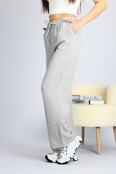 schlank Gray Adjustable Waist Striped Pockets Wide Leg Linen Women's Trousers S