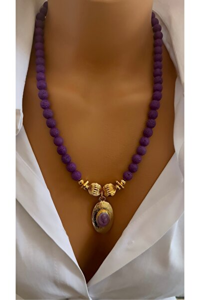 Nevaa Still Lav taşı doğaltaş lila tasarım altın kaplama kolye