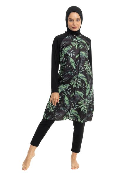 LEOMA Fully Covered Water Repellent Quick Drying Side Adjustable Zippered Patterned Hijab Swimsuit