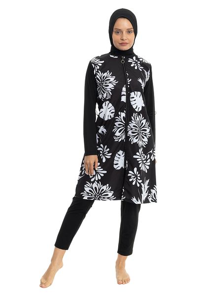 LEOMA Fully Covered Water Repellent Quick Drying Side Adjustable Zippered Patterned Hijab Swimsuit