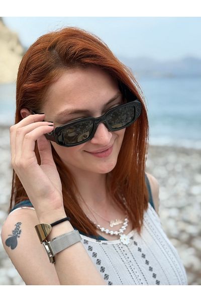 Ferrucci Black Geometric Cut Bone Frame Polarized Stylish Women's Sunglasses