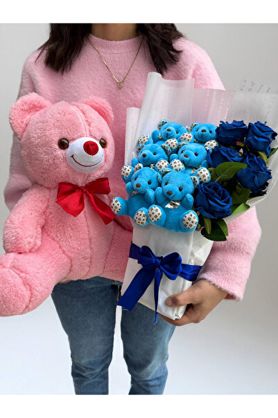 lenostra Kiz Arkadasa Hediye Peluş Buket Mavi Ayıcıklar ve Lacivert Güller Se...