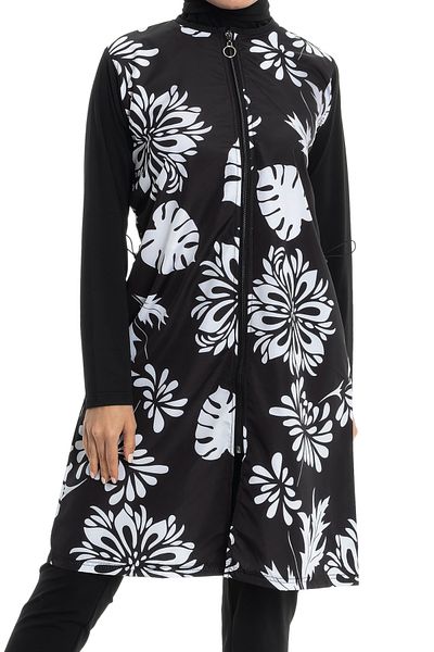 LEOMA Fully Covered Water Repellent Quick Drying Side Adjustable Zippered Patterned Hijab Swimsuit