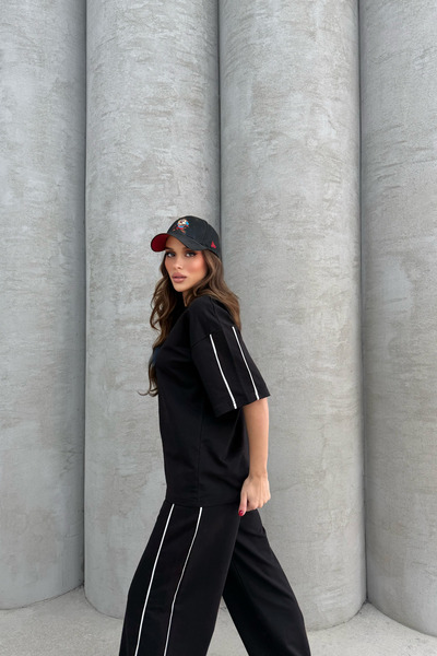 Bliss Women's Front Pocket Sleeve Piping Summer Short Sleeve Oversize Fit Bottom Top Tracksuit Set