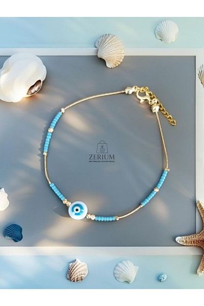 ZERİUM Miyoki Beaded Evil Eye Anklet – 22 cm Elegant Blue