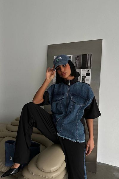 Bliss Set de trening negru pentru femei, cu design modern de vară, cu blugi, cu fermoar, cu mânecă scurtă, cu fundul oversize