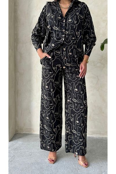 TOPSHOW Linen Blend Wide Leg Embroidered Trousers