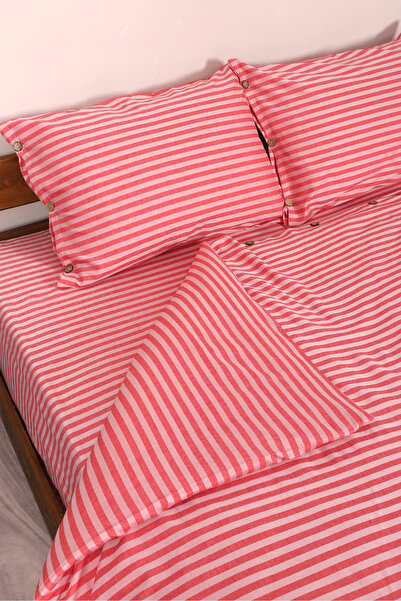 Larispera Set de husă de pilota dublă din satin de bumbac cu dungi King Size Set de husă de pilota cu butoane vopsite în fire