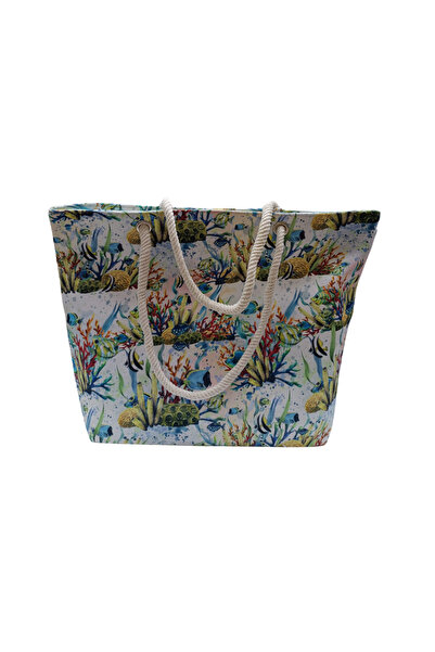 fancykidsantalya حقيبة شاطئ نسائية بسحاب ورباط داخلي وجيب مبطن وطباعة صورة تح...