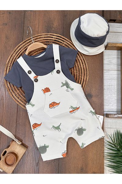 Bolly Baby Cute Dinosaurs Printed Salopet Short Sleeve T-Shirt with Safari Hat 3-18 Months Baby Boy Set