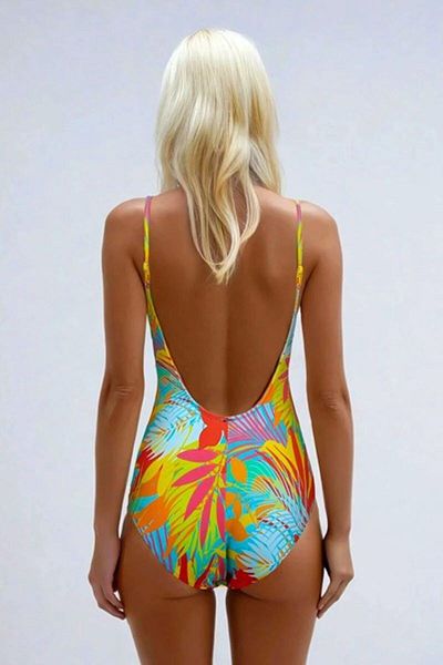 Kom Round Necked Removable Sponge Flo Patterned Lightweight Recovery Swimsuit