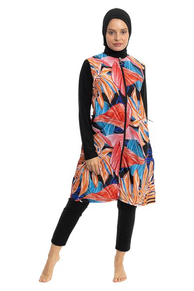 LEOMA Fully Covered Water Repellent Quick Drying Side Adjustable Zippered Patterned Hijab Swimsuit