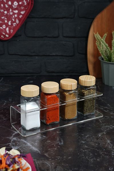 Etka Dizayn Eron 105 Cc Quadruple Square Spice Rack Stand – 3 mm Plexiglass, Bamboo Lid