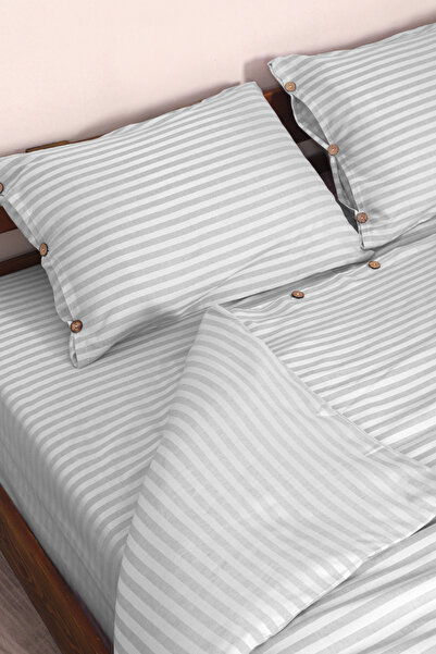 Larispera Csíkos pamut szatén dupla paplanhuzat szett King méretű fonalból festett gombos részletes paplanhuzat szett