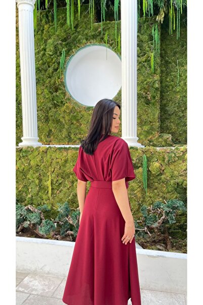 Nida Boutique Bat Sleeve Front Slit Belted Crepe Dress